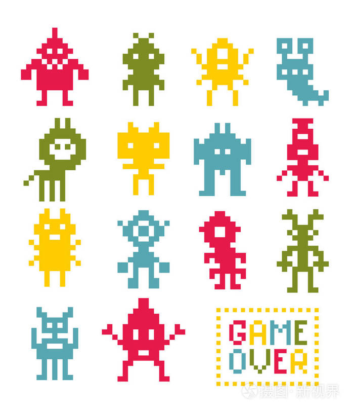 像素怪兽的集合.视频游戏中彩色生物的矢量图解