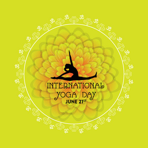 在橙色和黄色曼荼罗的女性伸展剪影的国际瑜伽日海报