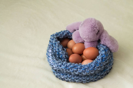 一只丁香兔子玩具, 坐在蓝色针织袋里, 里面装满了褐色母鸡的蛋, 象征着复活节。