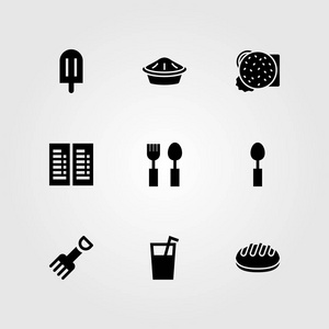 餐厅矢量图标集。菜单, 面包, 馅饼和冰淇淋