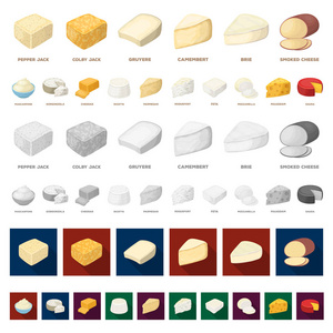 不同类型的奶酪卡通图标集设计. 牛奶产品奶酪矢量符号股票网页插图