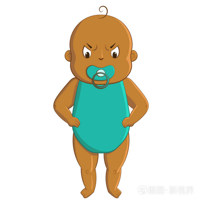 一个愤怒的卡通婴儿, 手放在臀部, 吮吸奶嘴.矢量插图