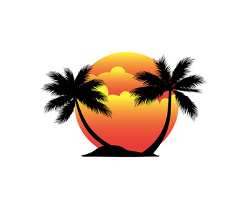 日落海滩岛与椰子树矢量标志设计插图灵感的品牌旅游旅游和旅游