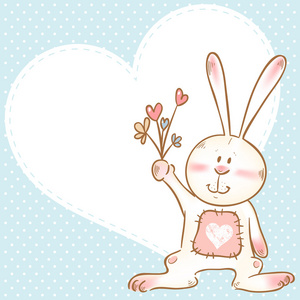 可爱的爱心卡与微笑玩具兔子手捧花