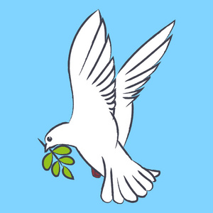 在蓝色背景的橄榄树枝的飞行鸽子向量剪影