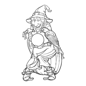 戴着水晶球的锥形帽子里的老巫婆, 预言未来。滑稽卡通风格字符。白色背景上查出的黑白线性图形
