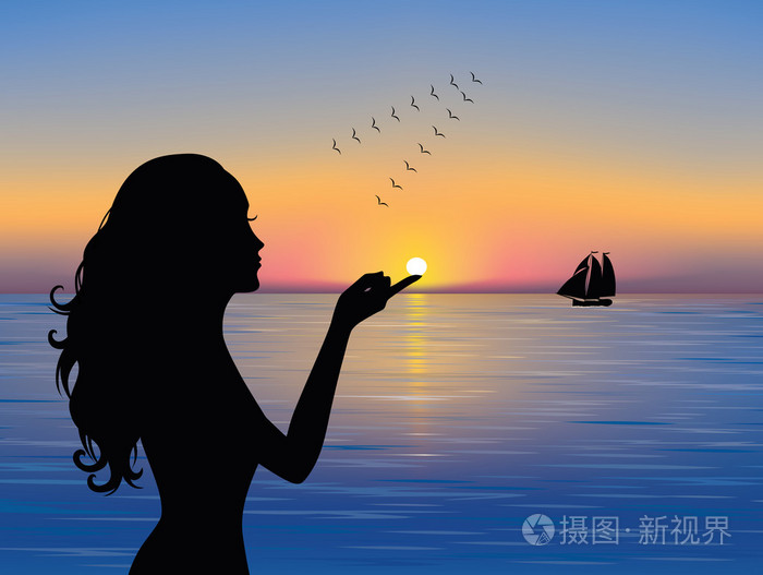一艘船在距离和一群鸟儿飞南