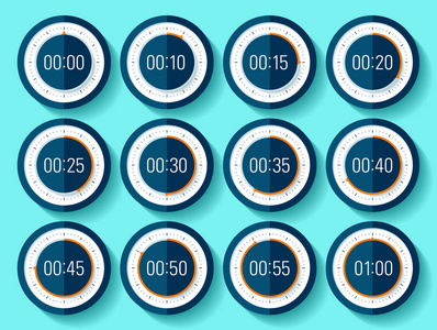 秒表图标设置在平坦的风格, 定时器在蓝色背景。运动钟。从0到1分钟。用于项目的矢量设计元素