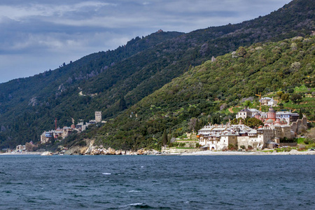 Xenophontos 修道院在阿托斯在山的自治修道院状态圣山, Chalkidiki, 希腊