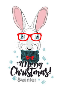 可爱的圣诞贺卡与年轻的兔子。在白色背景下分离的矢量动物插图