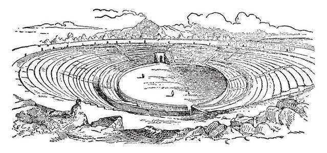 古城画pompeiian 露天剧场, 古城庞贝, 露天场地娱乐, 建在半圆, 复古