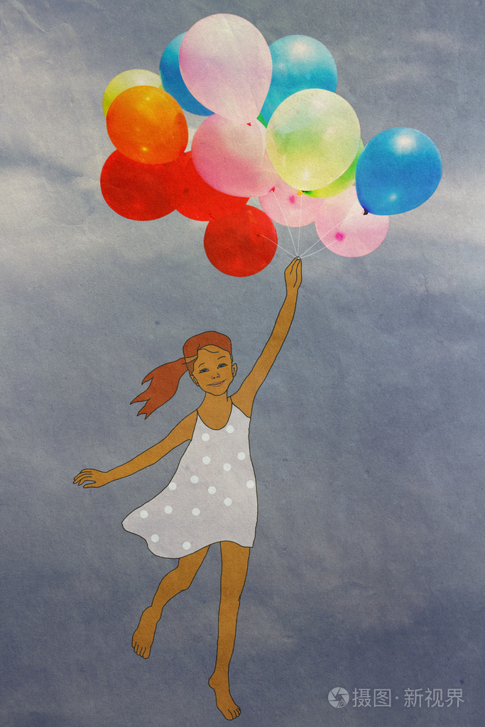 女孩与气球在天上飞