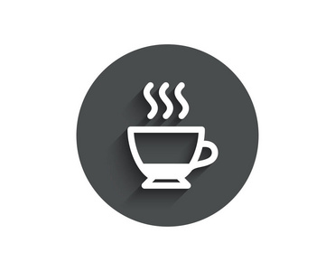 咖啡图标。热饮料标志。饮料符号。圆圈平面按钮与阴影。矢量插图