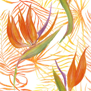 热带树叶和花朵的无缝图案