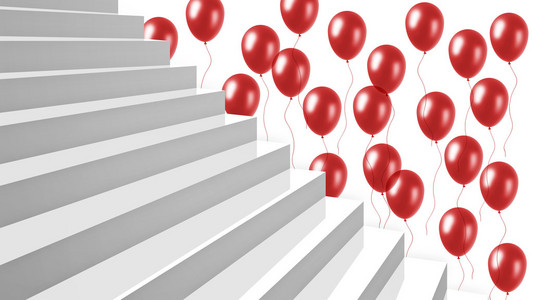 特写白色光泽台阶与背景上的红色气球
