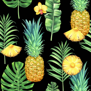 带菠萝热带树叶和黑色背景的花的无缝水彩图案