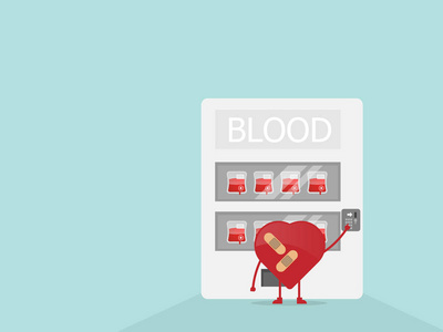 卡通心脏从自动售货机购买血液
