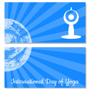 国际瑜伽日。在瑜伽体式中的一个男人的程式化数字。地球, rayse