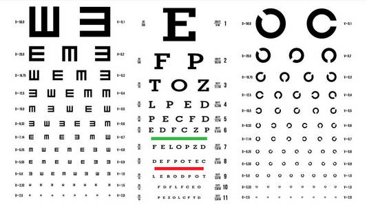 视力测试图向量。视力检查。验光师检查。医学眼科诊断。不同的类型。视力。光学检查。被隔绝在白色例证
