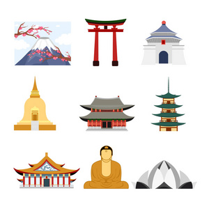 矢量插画集亚洲著名建筑火山和佛像雕像平面风格旅游概念