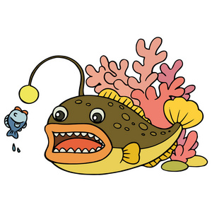 可爱的卡通灯笼鱼白色背景为儿童版画, t恤, 彩色书, 有趣和友好的