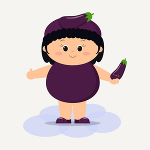 微笑茄子一个穿着茄子西装的可爱孩子, 手里拿着一把蔬菜.照片