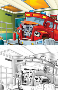 消防卡车。卡通风格艺术色彩页