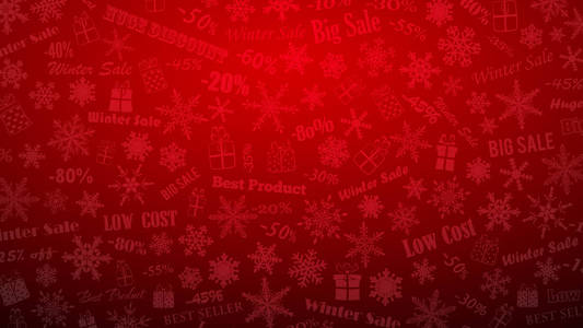 背景的冬季折扣和特别优惠, 由雪花, 铭文和礼品盒, 红色的颜色