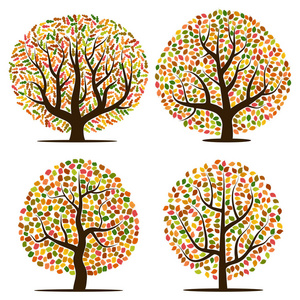 四棵秋天的树, 黄色, 橙色, 棕色和绿色的假期