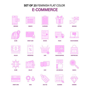 一套 25 Feminish 电子商务平板彩色粉红色图标集