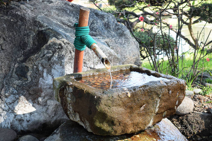 在公园里喝水的竹水龙头