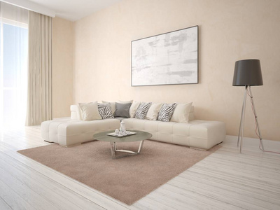 模拟一个专属客厅与角落米色沙发和装饰石膏