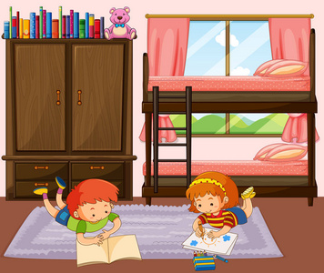 男孩和女孩读书书在卧室