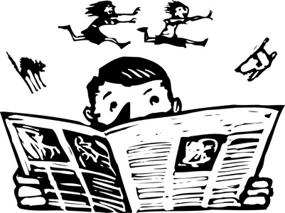 男子与喧闹的家庭读报纸的木刻插图