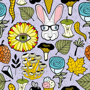 与兔子在眼镜和植物多彩的无尽图案。矢量插图