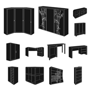 卧室家具黑色的图标集为设计集。现代木家具等距矢量符号股票 web 插图