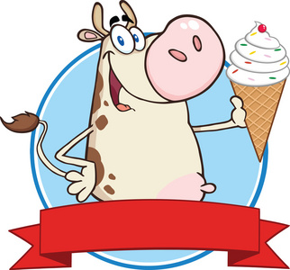 牛圈抱着一个冰激淋圈横幅的快乐牛卡通吉祥物照片