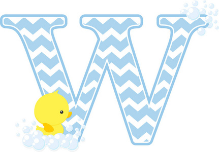 最初 w 与气泡和小婴儿橡胶鸭孤立的白色背景。可用于男婴出生通知, 苗圃装饰, 聚会主题或生日请柬