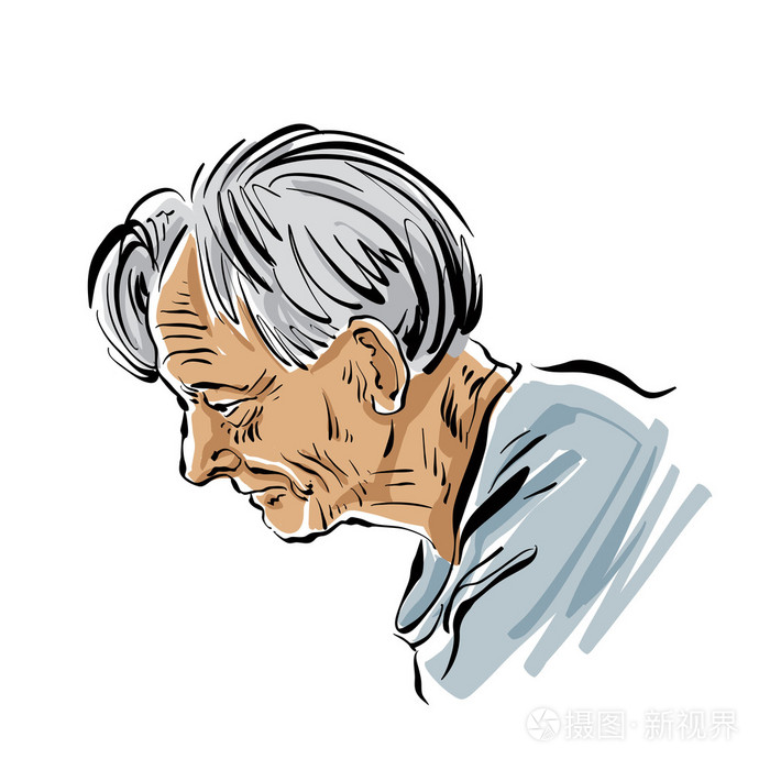 手绘在白色的背景下,灰色头发的老男人图插画-正版商用图片070kei-摄