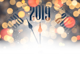 模糊的新年2019卡与时钟和灯光。矢量背景