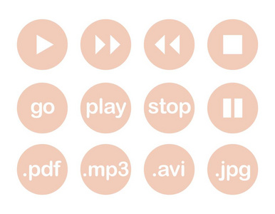 播放按钮或扁平粉彩粉红色 web 矢量图标集在白色隔离