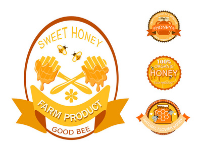 设置蜂蜜产品标识标签有机农场天然甜产品品质健康食品矢量插画