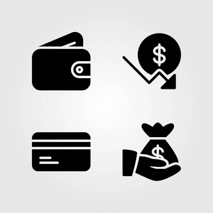 货币图标设置。矢量插图美元, 钱袋, 信用卡和钱包