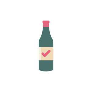 带勾号的瓶子向量图标。酒吧酒精饮料图标和批准, 确认, 完成, 蜱, 完成符号