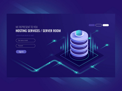 主机服务, 数据中心, 服务器服务器机房, 信息技术页面模板主题 sometric 矢量图紫外