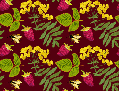 树莓黄花树叶和蜜蜂的矢量花纹图案