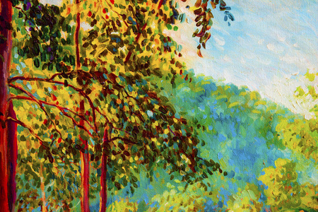 油画风景在画布上五颜六色的秋天树。森林的半抽象图象, 树与黄色, 红叶。秋天季节自然背景。手绘印象派风格