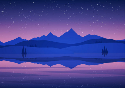 夜山湖风景与松树, 星和反射