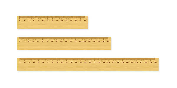 一组木制统治者 15, 20 和30厘米的阴影查出的白色。测量工具。学校用品