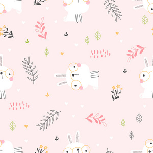 无缝的模式可爱的白色兔子在粉红色背景与花卉元素.儿童向量背景照片